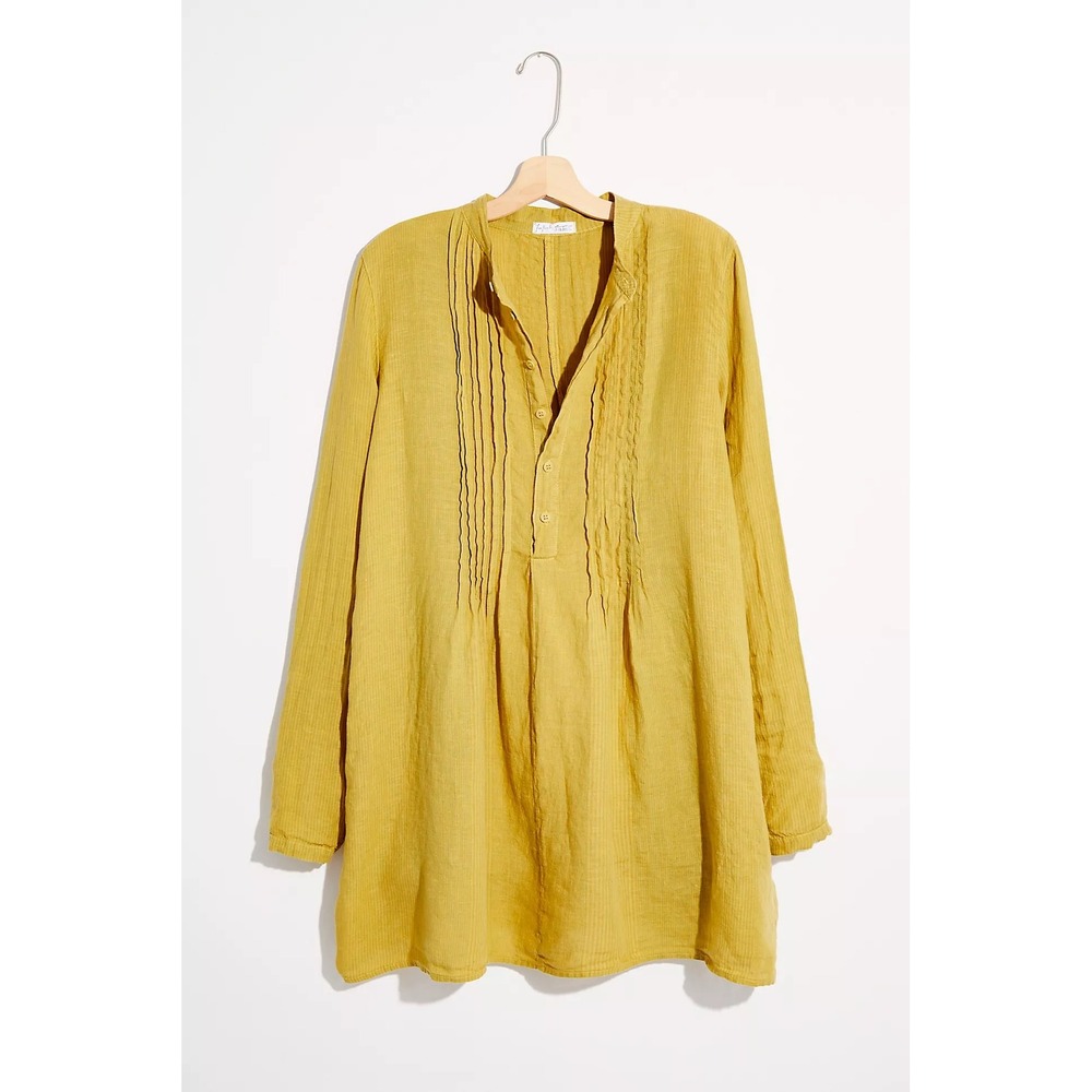 CP Shades Mustard Yellow Cotton Pintuck Tunic Top Long Sleeve Boho XS